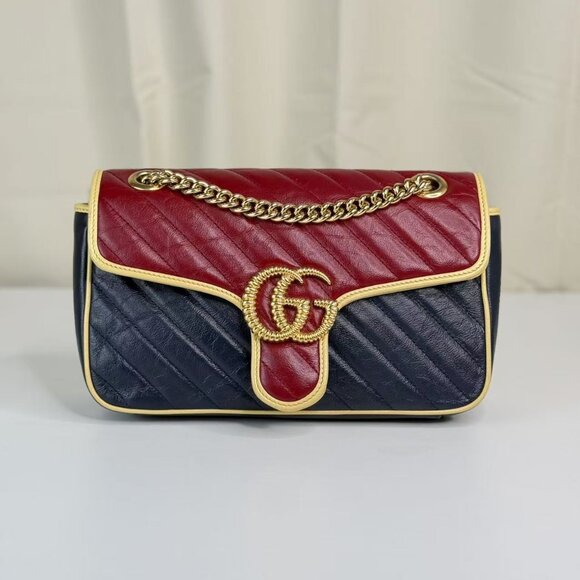 Gucci Bi-Color Marmont Shoulder Bag Crossbody Red & Navy Quilted with Gold Chain - Picture 1 of 9